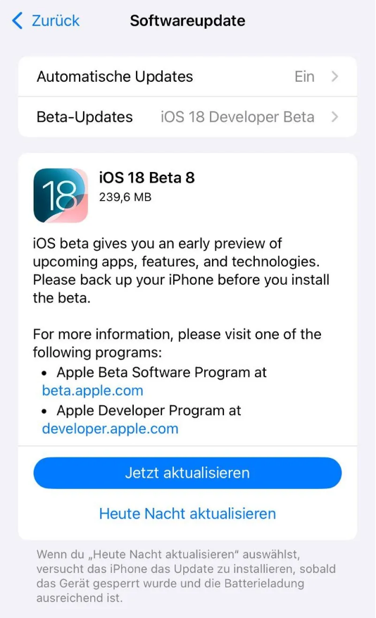 北辰苹果手机维修分享苹果 iOS / iPadOS 18 开发者预览版 Beta 8 发布 